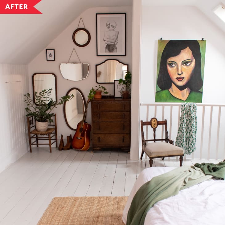 After: Attic bedroom with white walls, white floors, and vintage-style furnishings