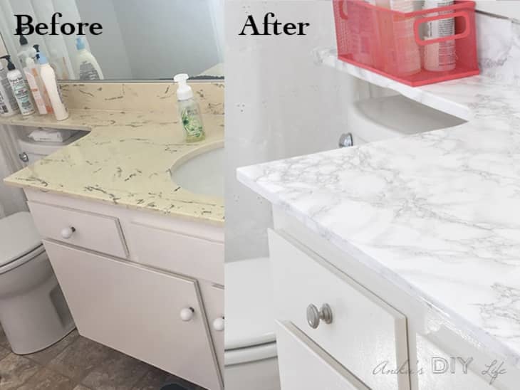 Before and after side-by-side. Left: yellowed laminate vanity countertop. Right: white and gray marble contact paper-covered vanity countertop