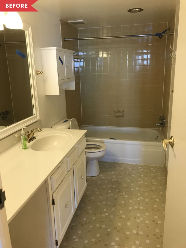 Before: Dingy bathroom with small square tile floor and beige tile shower