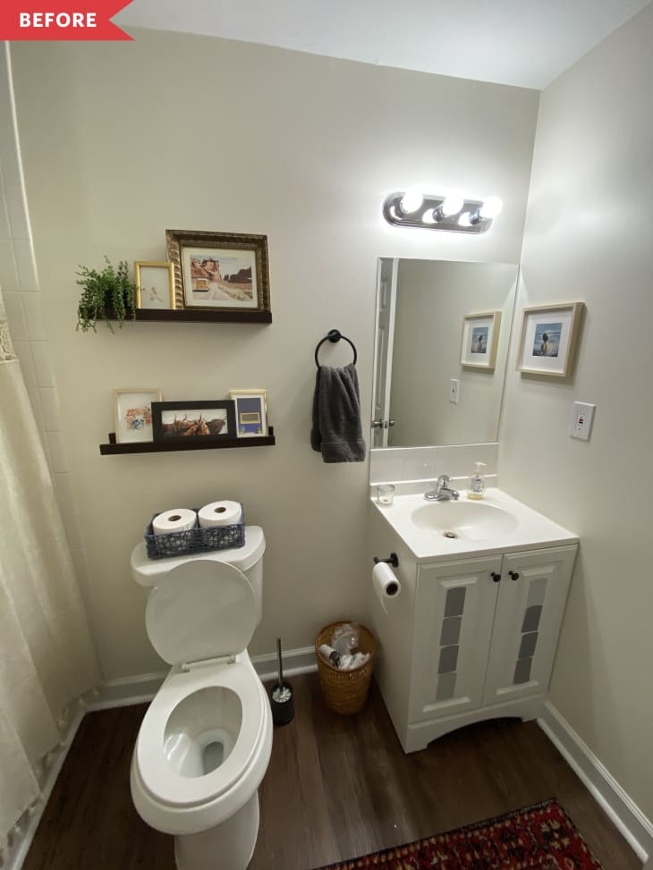 Before: beige bathroom with white vanity and boring vanity light