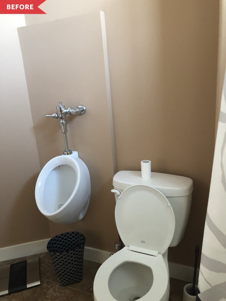Before: Brown bathroom with toilet and urinal