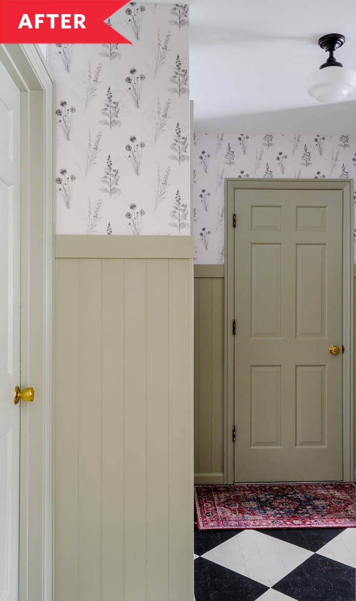 After: Entryway with sage green planked walls, floral wallpaper, and black and white checkerboard floors