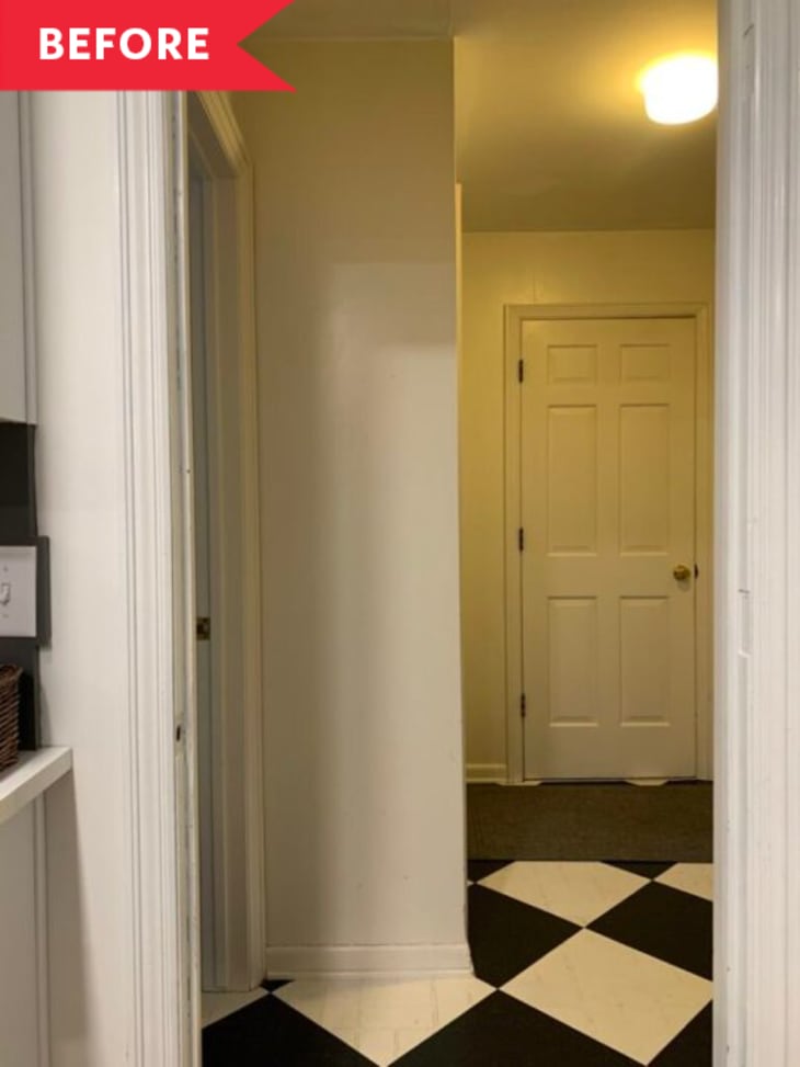 Before: Entryway with beige walls and black and white painted checkerboard floors