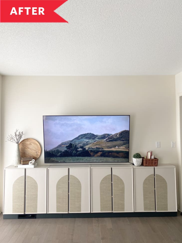 After: Four IKEA Ivars connected to create media console with textured-looking arches