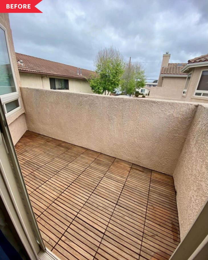 Before: empty balcony with wood floor and stucco walls