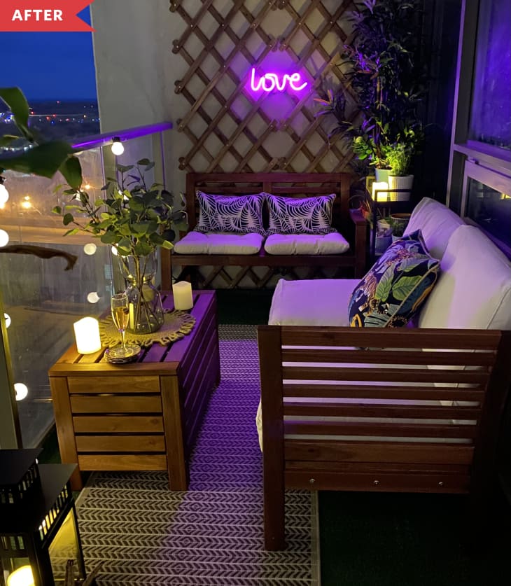 After: A balcony with two padded benches, a coffee table, plants, and an accent wall with a trellis and decorative light, viewed at night