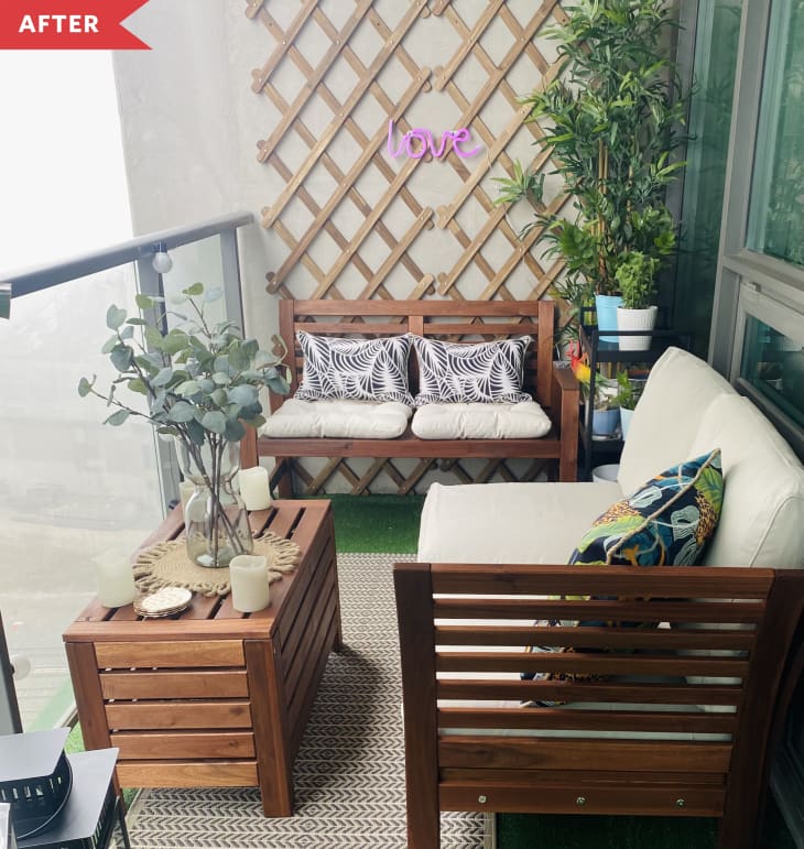 After: A balcony with two padded benches, a coffee table, plants, and an accent wall with a trellis and decorative light