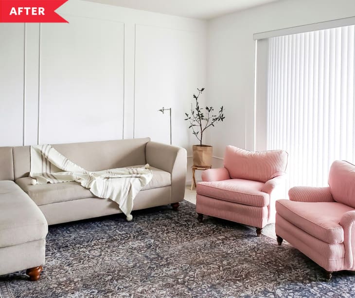 After: Bright, airy living room with two pink armchairs and tan sofa