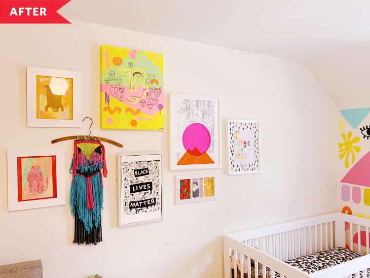 After: Colorful artwork hanging by crib