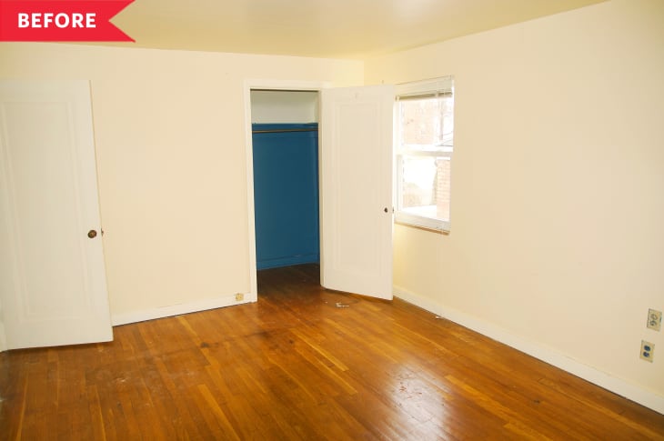 Before: Empty room with hardwood floors and off-white walls