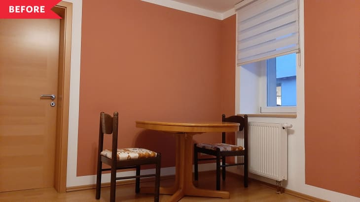 Before: dining room with terracotta accent walls