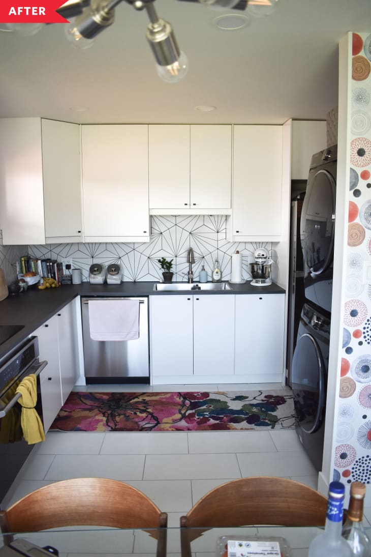 After: White kitchen with mid-century-inspired wallpaper, porcelain floors, and graphic backsplash