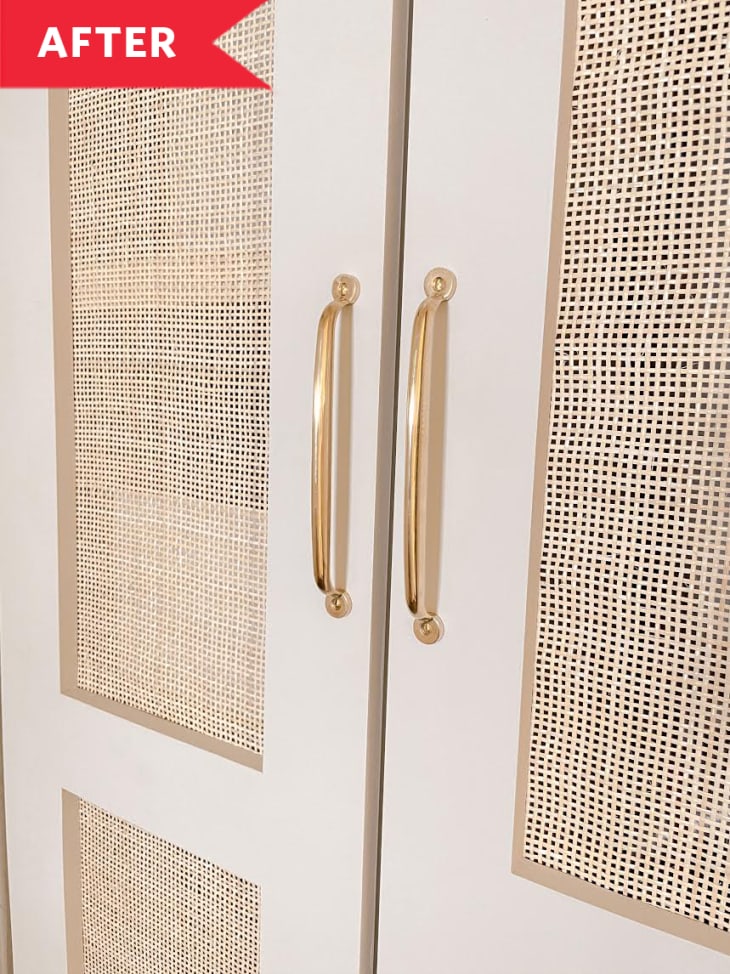 After: Close-up of caned cabinet doors with brass handles
