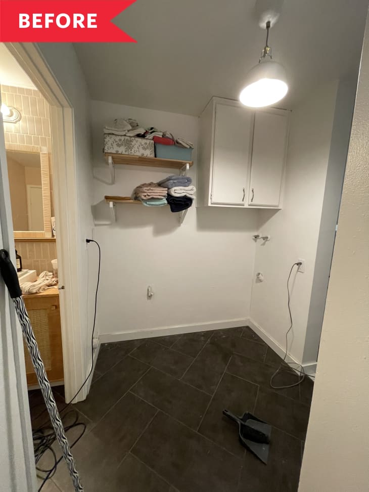 Before: Laundry room with appliances taken out and cluttered shelves