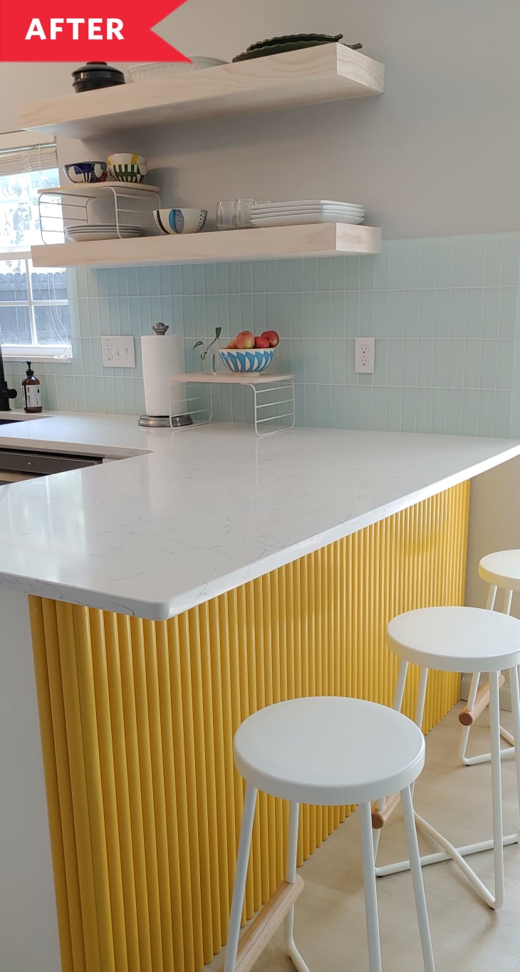 After: White metal barstools at counter with yellow dowel rod detail
