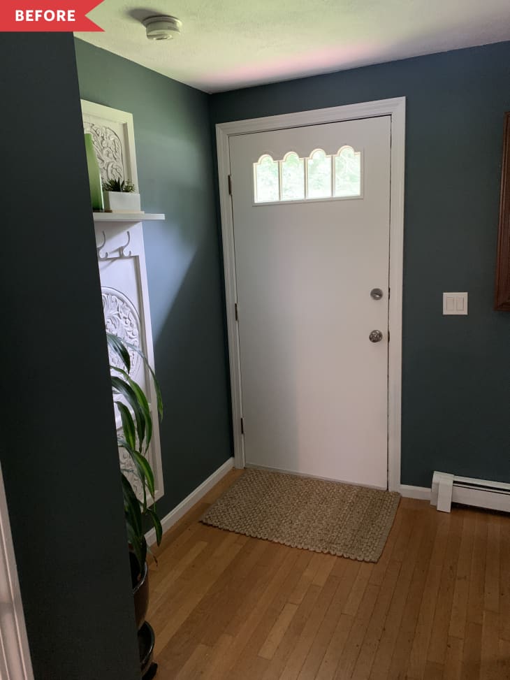 Before: interior of white front door surrounded by green walls