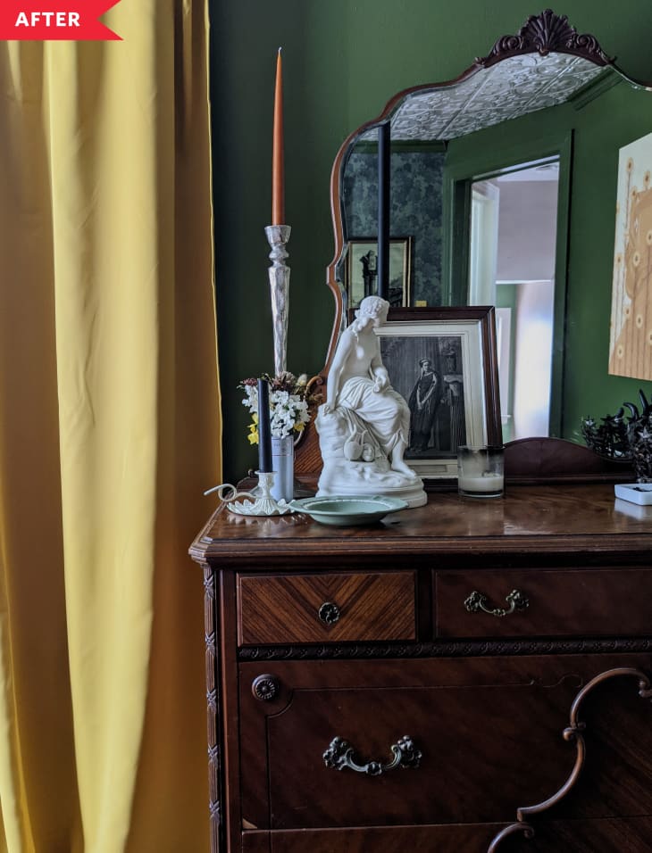 After: Vintage dresser in green bedroom