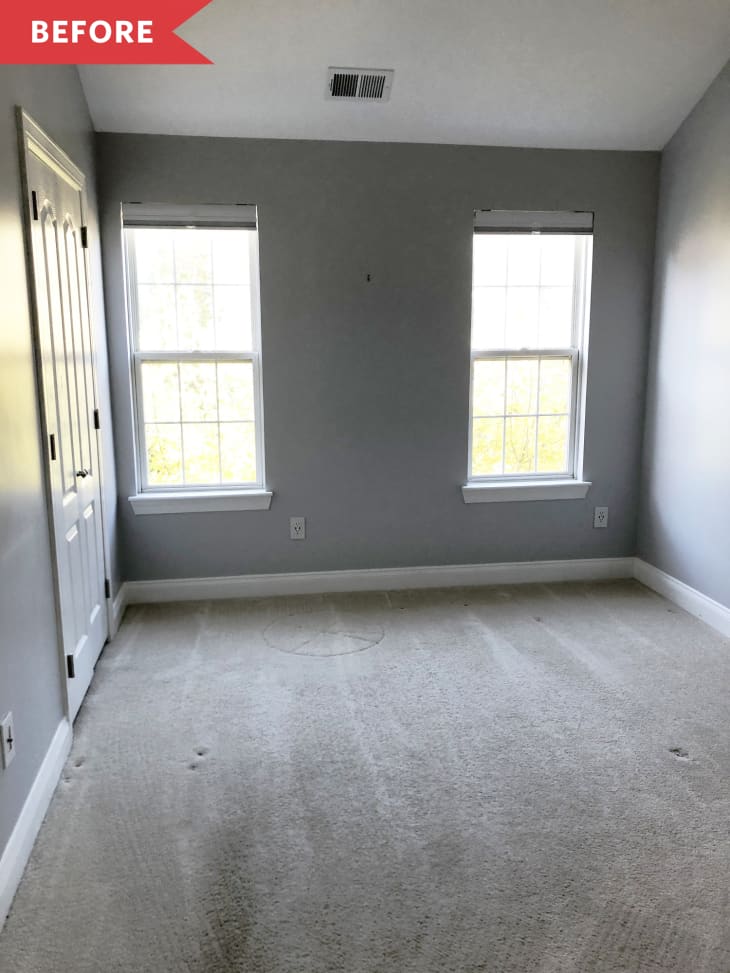 Before: gray room with beige carpet and white vaulted ceiling