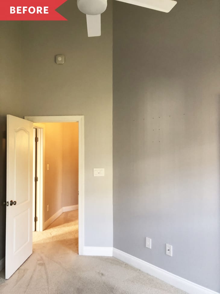 Before: gray room with beige carpet and white ceiling fan