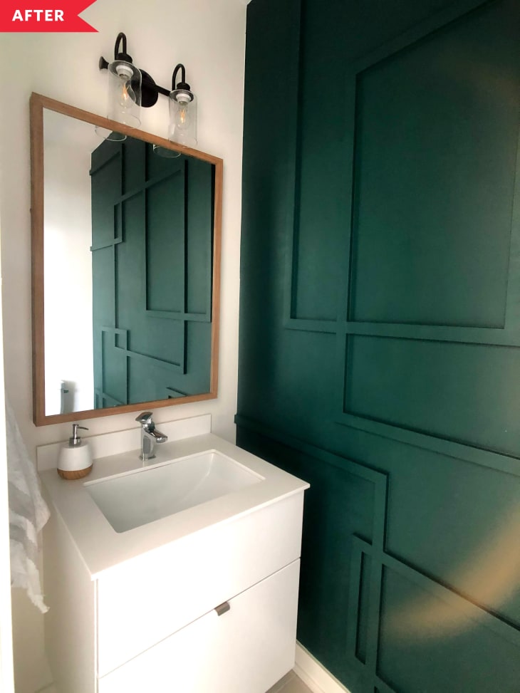 后:白色浴室，绿色墙壁，重叠方形的造型设计