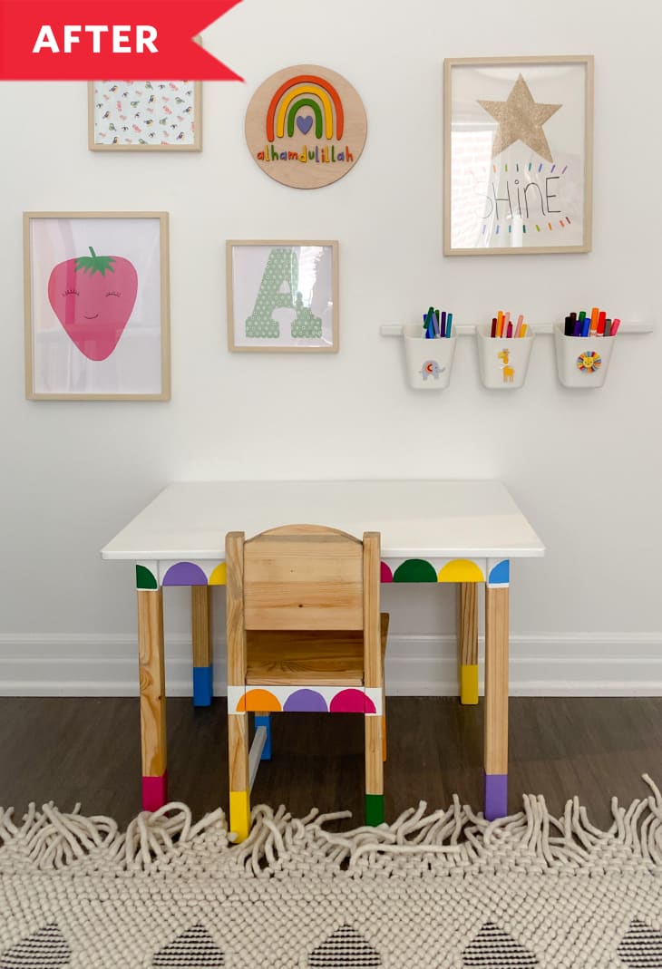 After: Desk with colorful scallop detail beneath gallery wall in kid's room