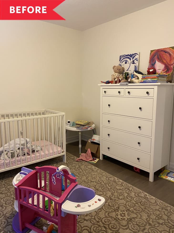 Before: Nursery with beige walls, brown swirly rug, and dresser in corner