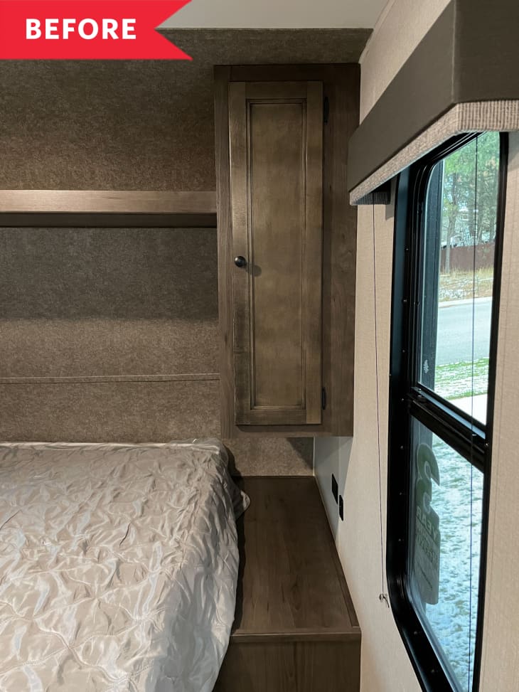 Before: Dated RV with window next to bed