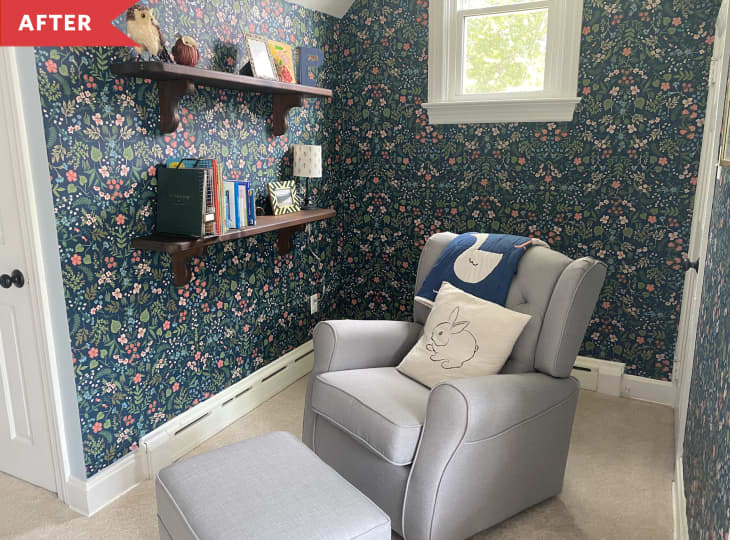 After: Rocking chair and bookshelves in alcove with floral wallpaper