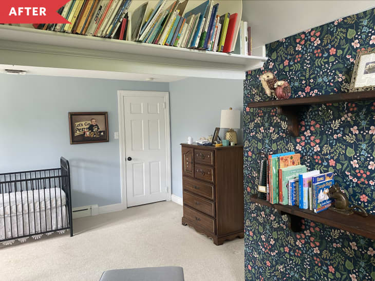 After: Shelves with books on them and view of crib and dresser from alcove