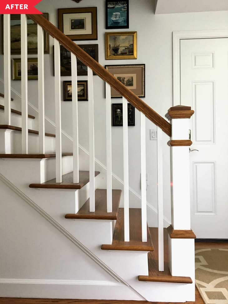 After: Open staircase with white and wood newel posts and modern white spindles