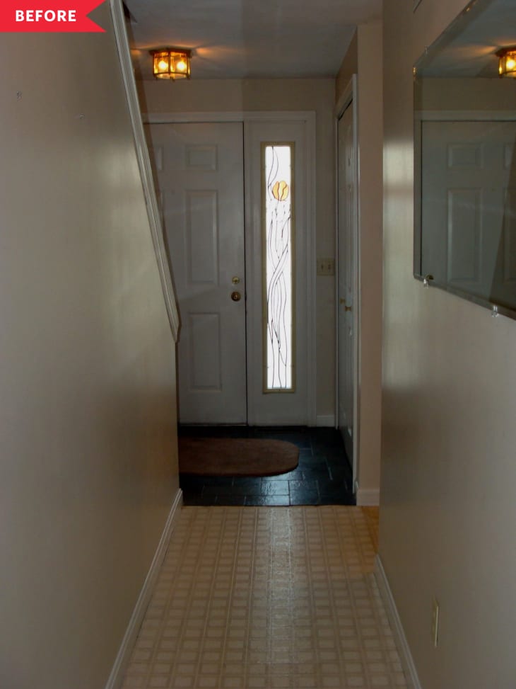 Before: narrow enclosed hallway facing front door, with view of staircase