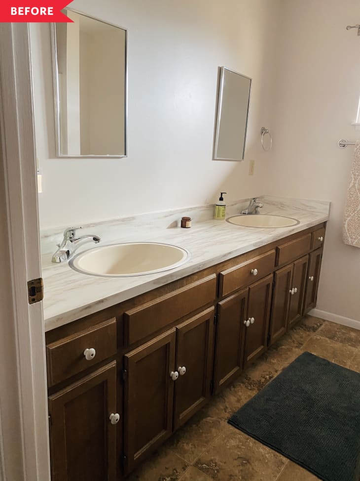 Before: Brown wood vanity with white knobs and white countertop