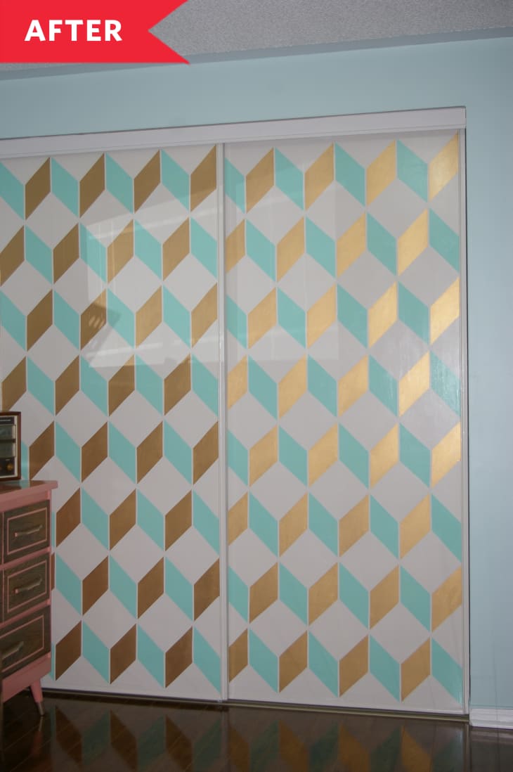 After: Closet doors with gold, aqua, and white chevron and square pattern