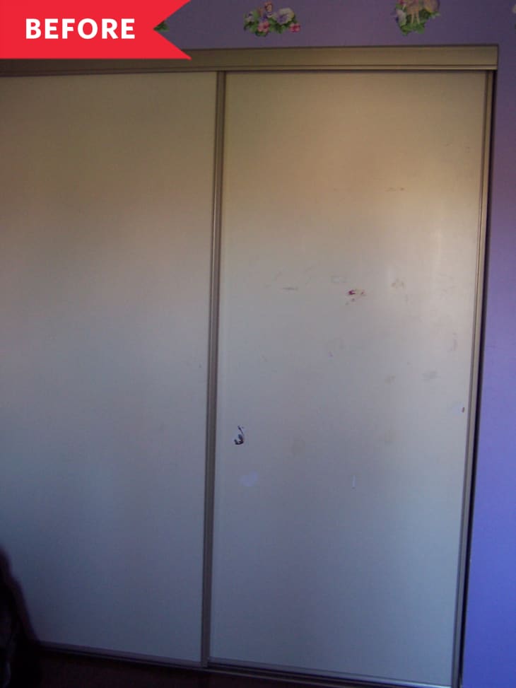 Before: Basic sliding closet doors in room with purple walls