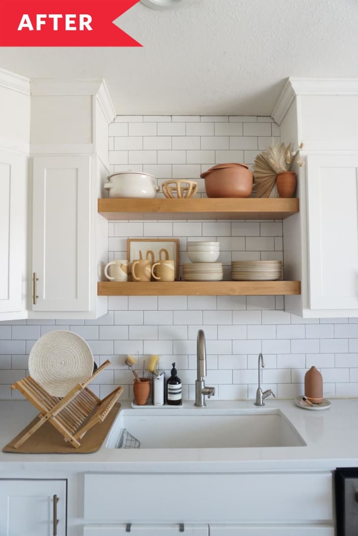 Vertical kitchen white backsplash mounted shelves above sink