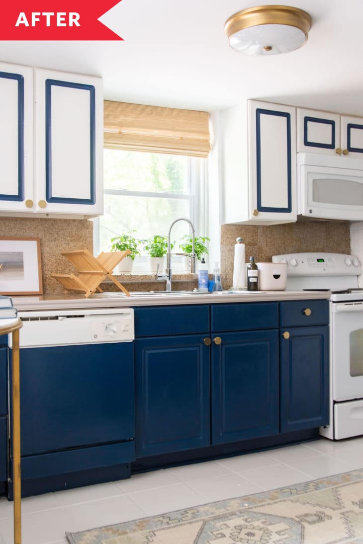kitchen white walls cabinets with blue trim