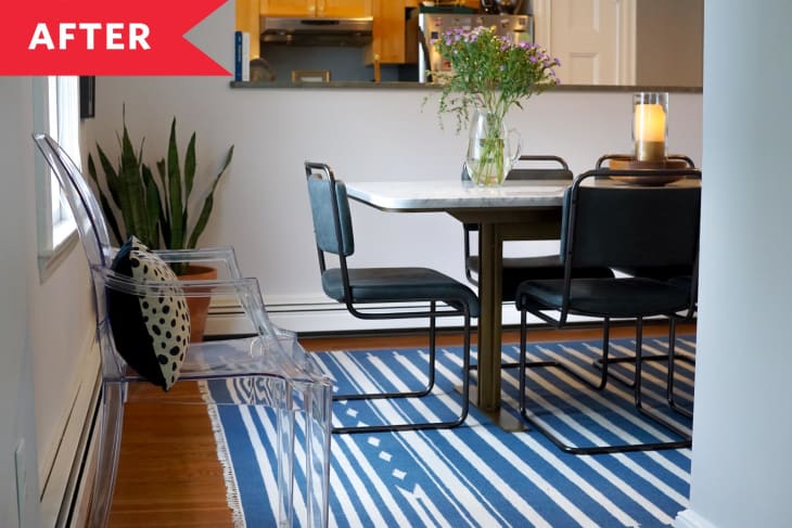 Dining room clear chair blue striped rug