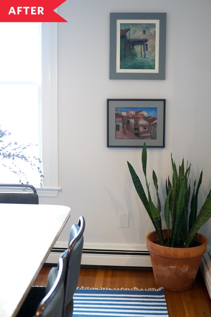 White dining room wall small framed art and snake plant
