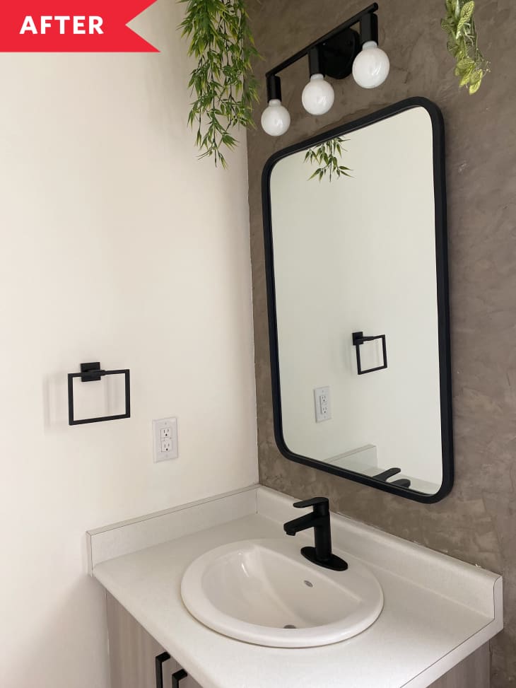 black bathroom mirror black light fixture hanging plants