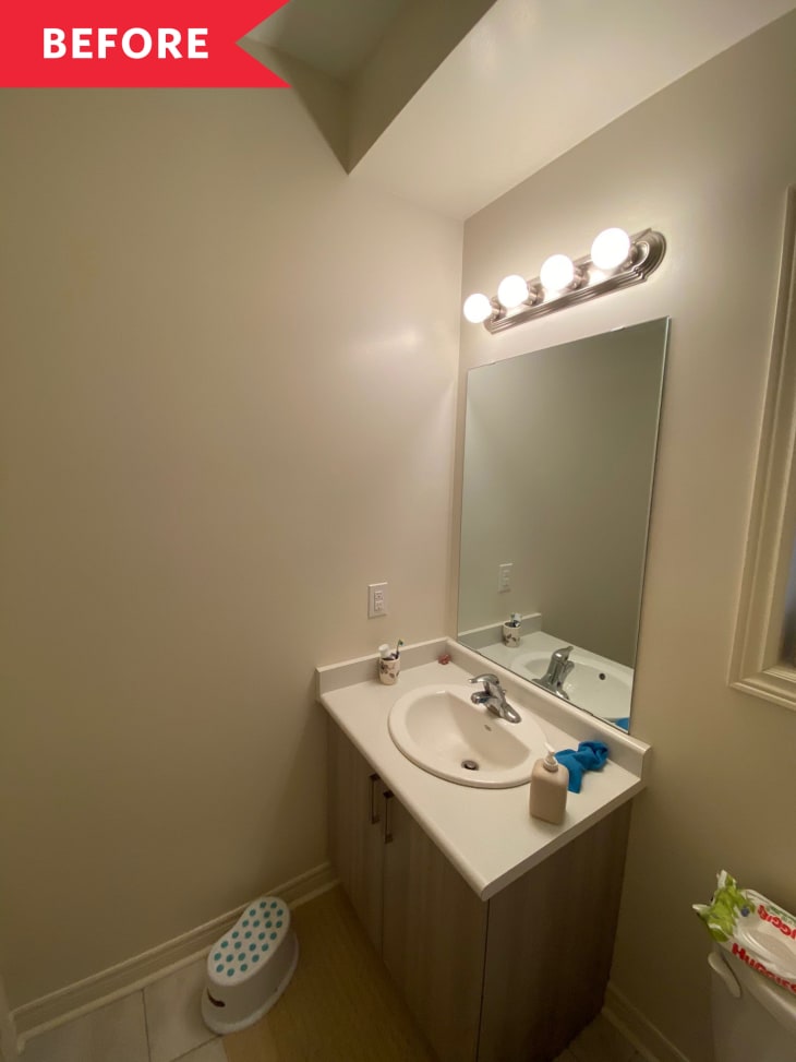 bathroom before renovation square mirror