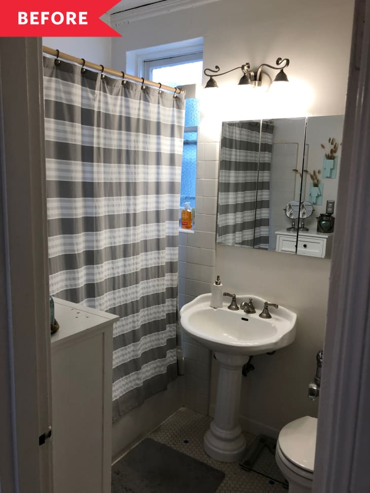 bathroom before renovation striped curtain