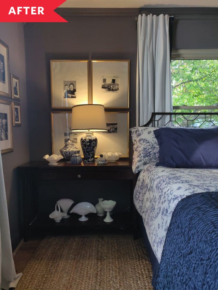 grey bedroom walls blue and white lamp jute rug