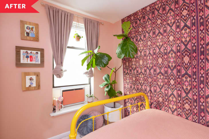 After: Pink bedroom with pink curtains and an accent wall with pink Southwestern motif