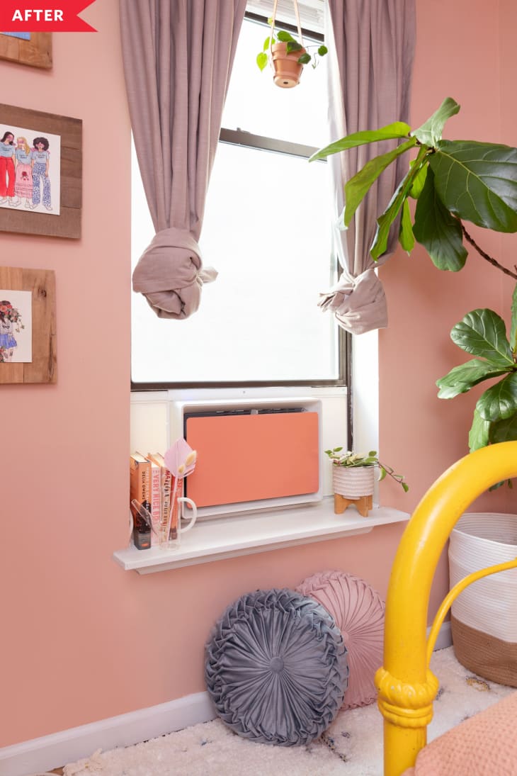 After: Pink bedroom with window featuring white and coral air conditioner unit