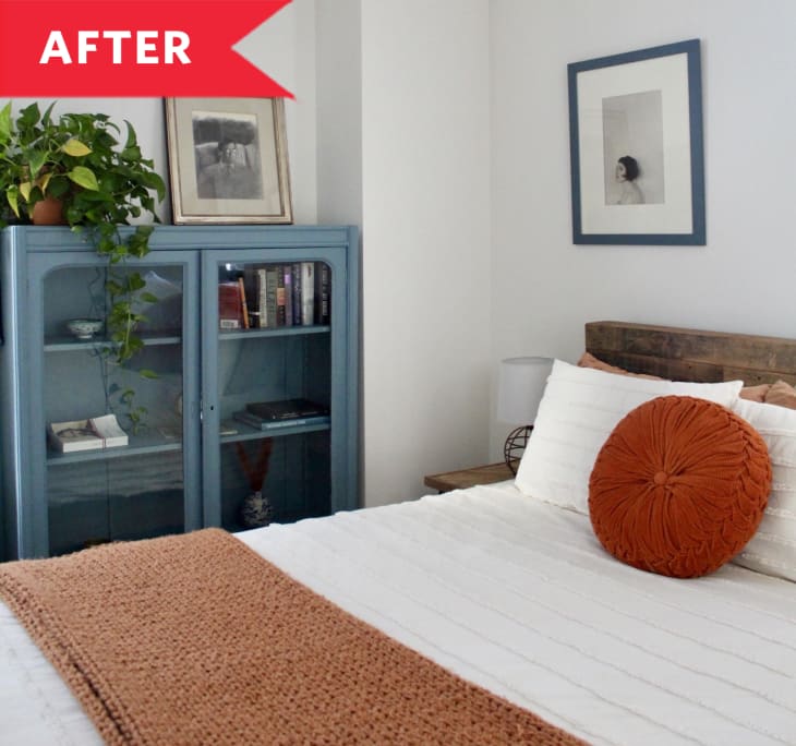After: Bedroom with light blue cabinet next to bed