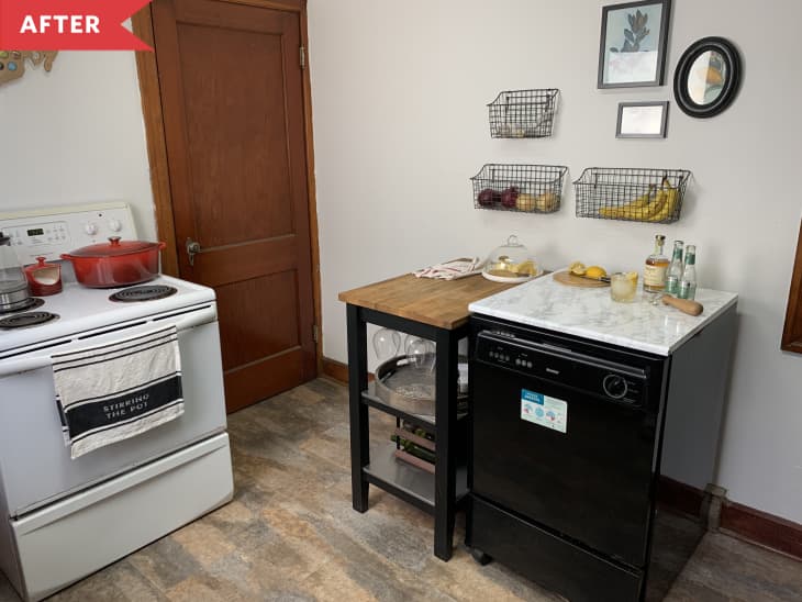 After: Portable dishwasher, small prep space, hanging fruit baskets, and stove