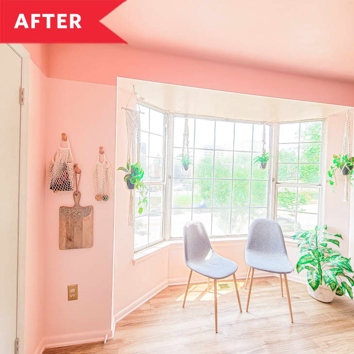 After: Two chairs in front of bay window in room with pink walls