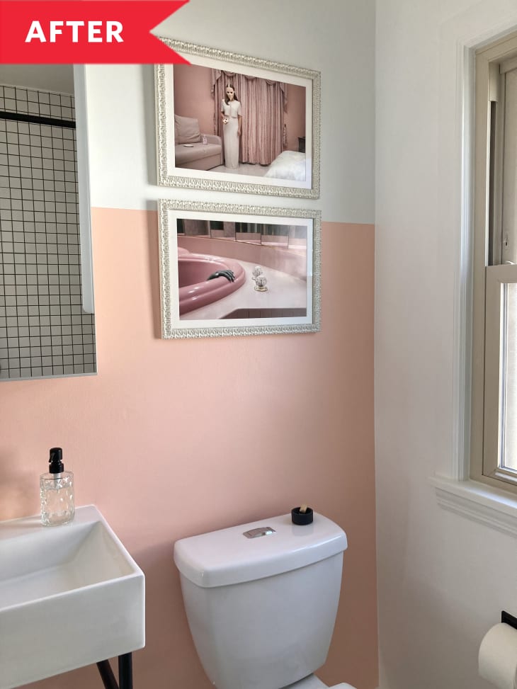 After: Pink artwork hanging above toilet in bathroom with pink walls
