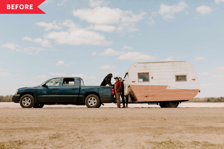 Before: Exterior view of vintage trailer, hitched to a pickup truck with two women standing in front
