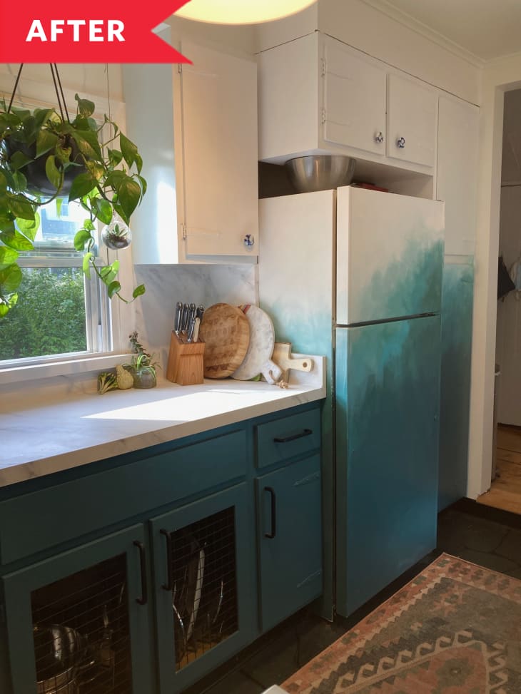 After: Kitchen with teal lower cabinets and ombre fridge